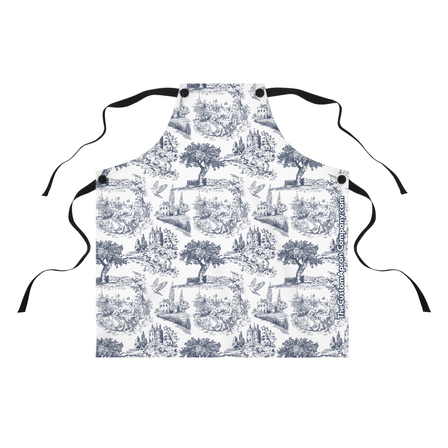 A blue and white chinoiserie country life apron with floral patterns and black detachable straps.