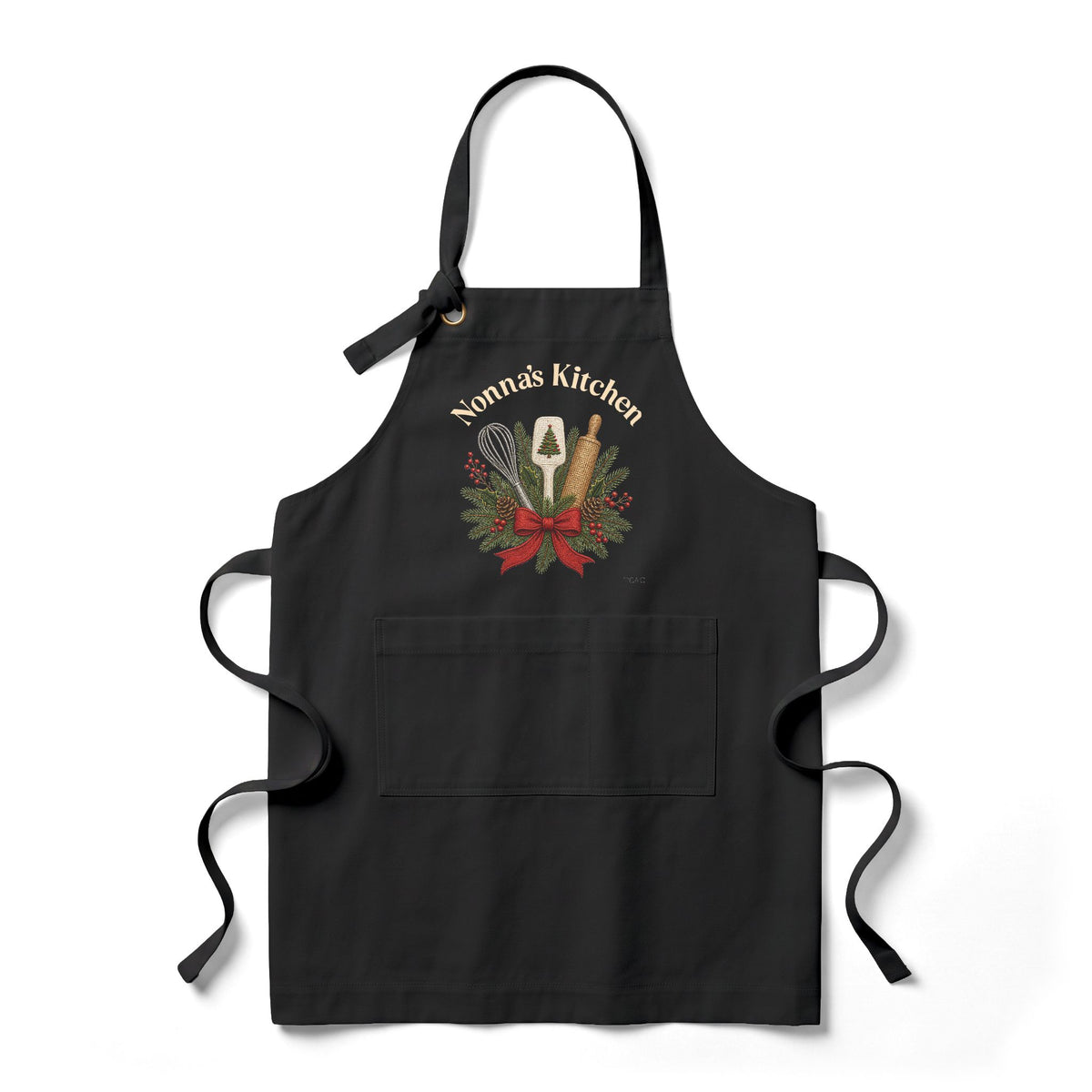 Cotton twill personalized Christmas apron with front pocket and holiday design