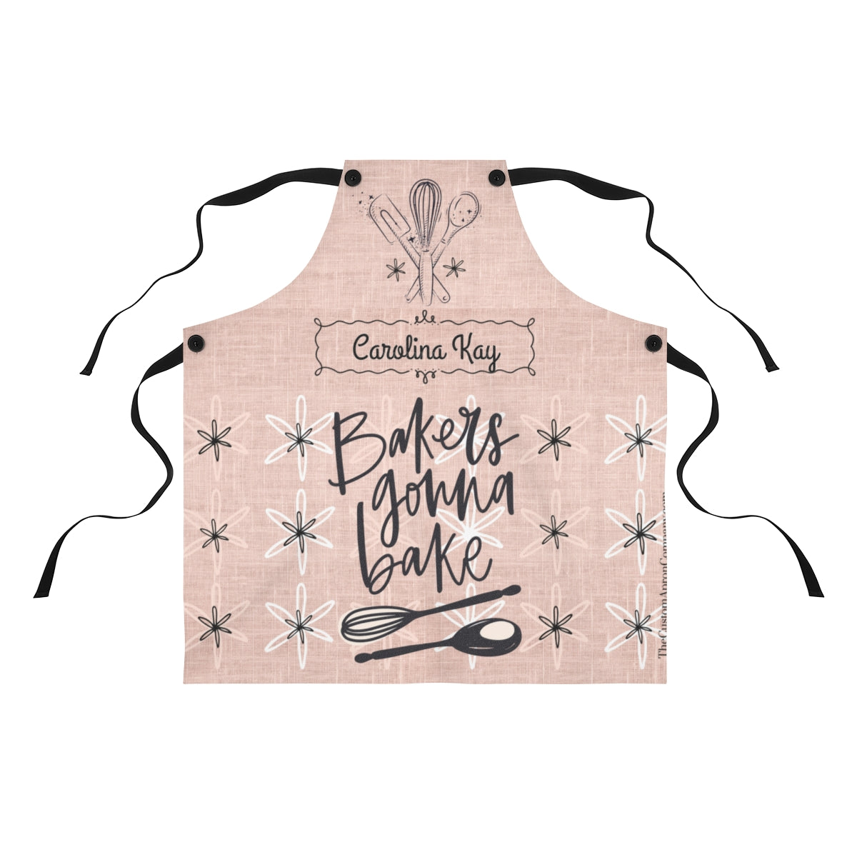 Beige apron with 'Bakers Gonna Bake' text and kitchen utensil designs on a white background