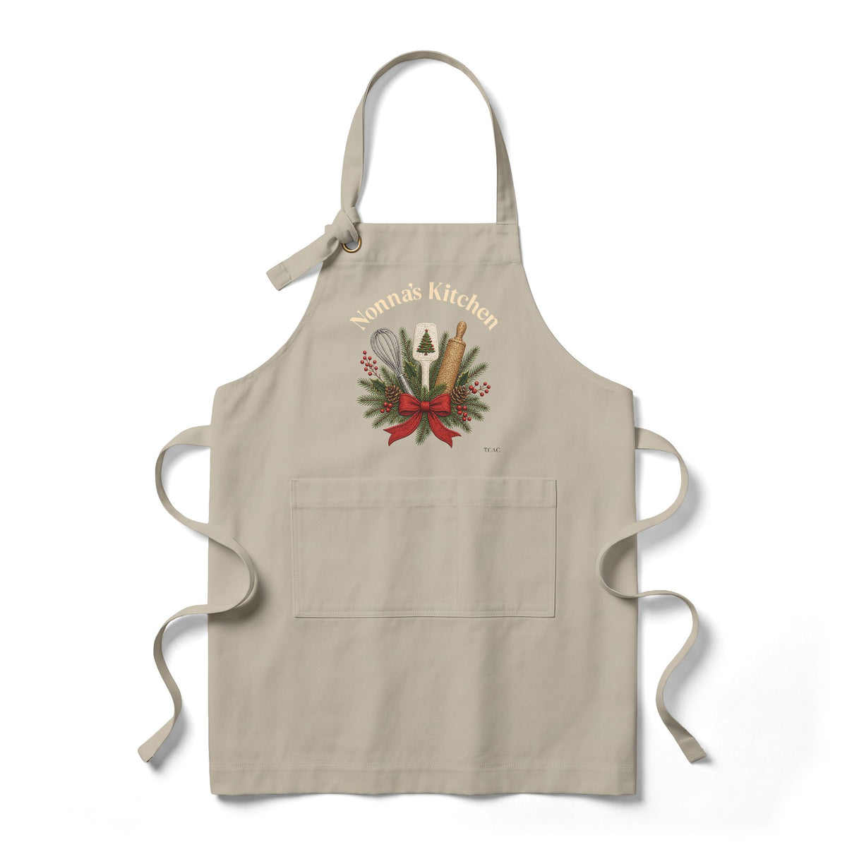 Custom Nonna’s Kitchen apron with evergreen, baking utensil, and bow artwork