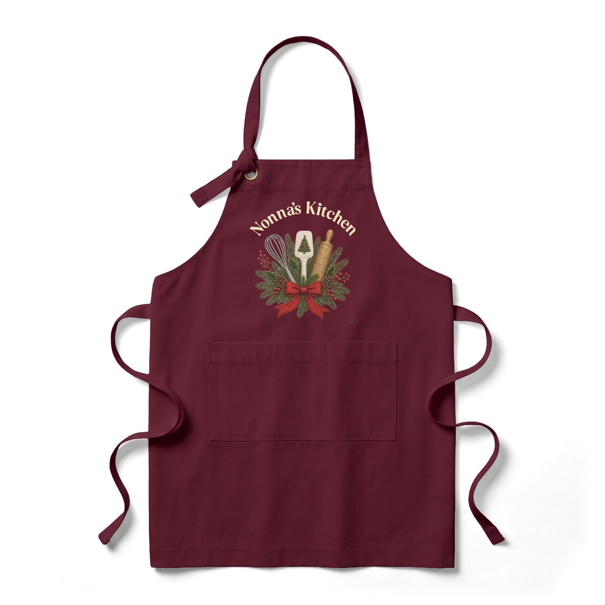Custom holiday kitchen apron gift with personalized name and classic Christmas artwork