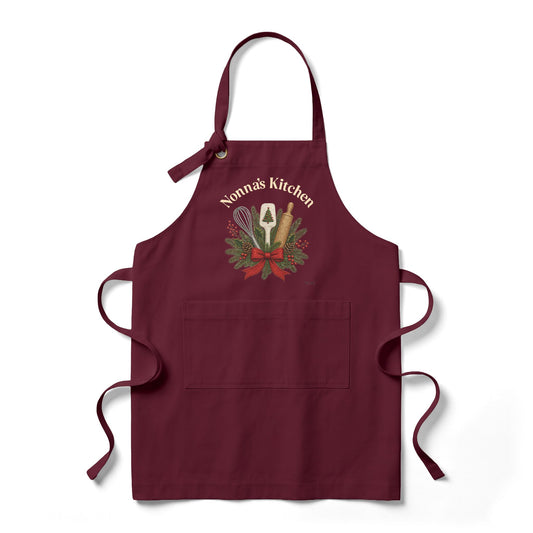 Custom holiday kitchen apron gift with personalized name and classic Christmas artwork