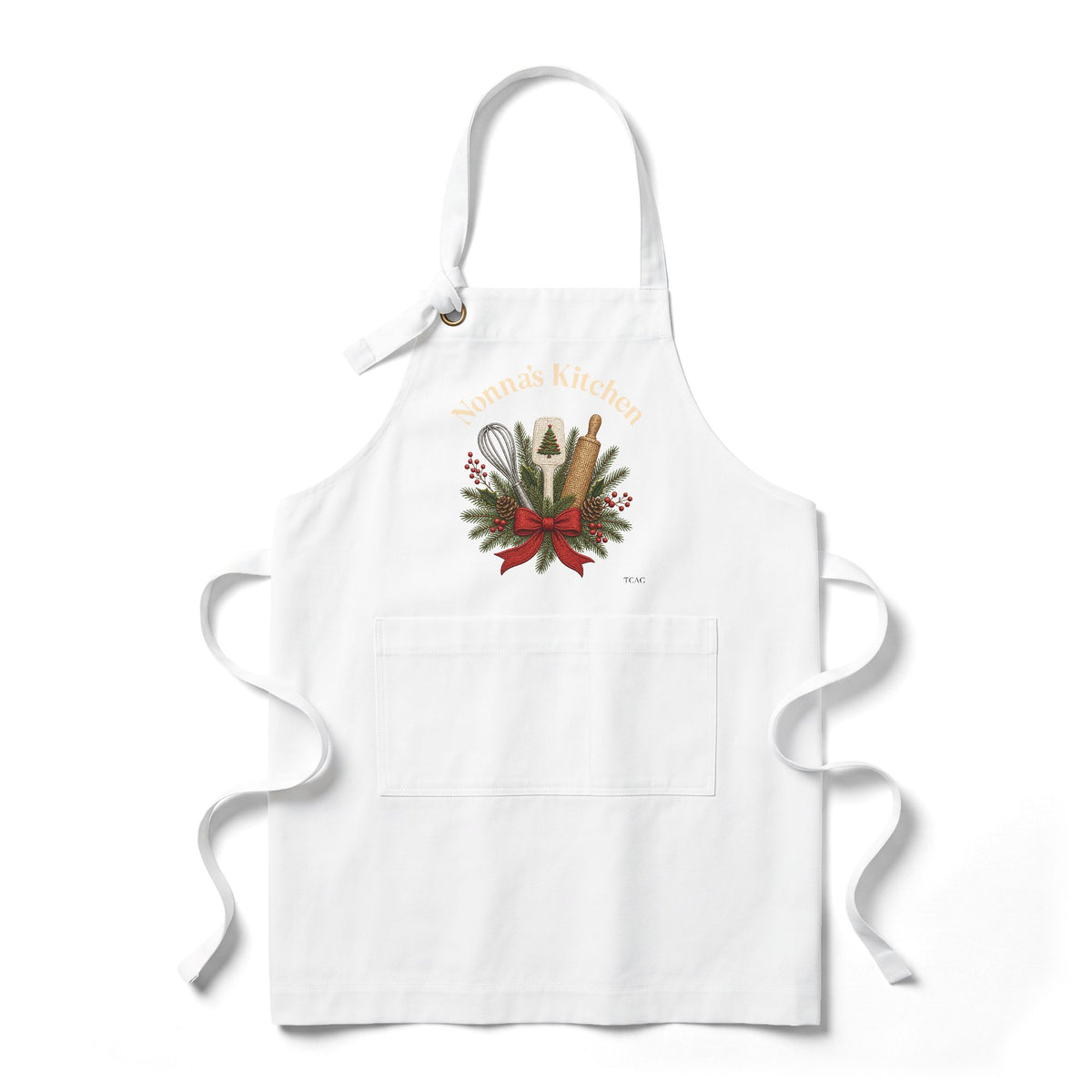 Personalized Christmas kitchen apron in a rich holiday color