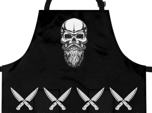 Bearded Hipster Skull and Crossed Knives  Black Apron