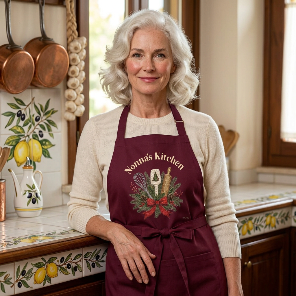 Personalized Nonna’s Kitchen Christmas apron with classic holiday baking design