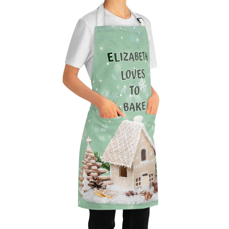 Custom Name -Loves To Bake- Christmas Gingerbread House Apron