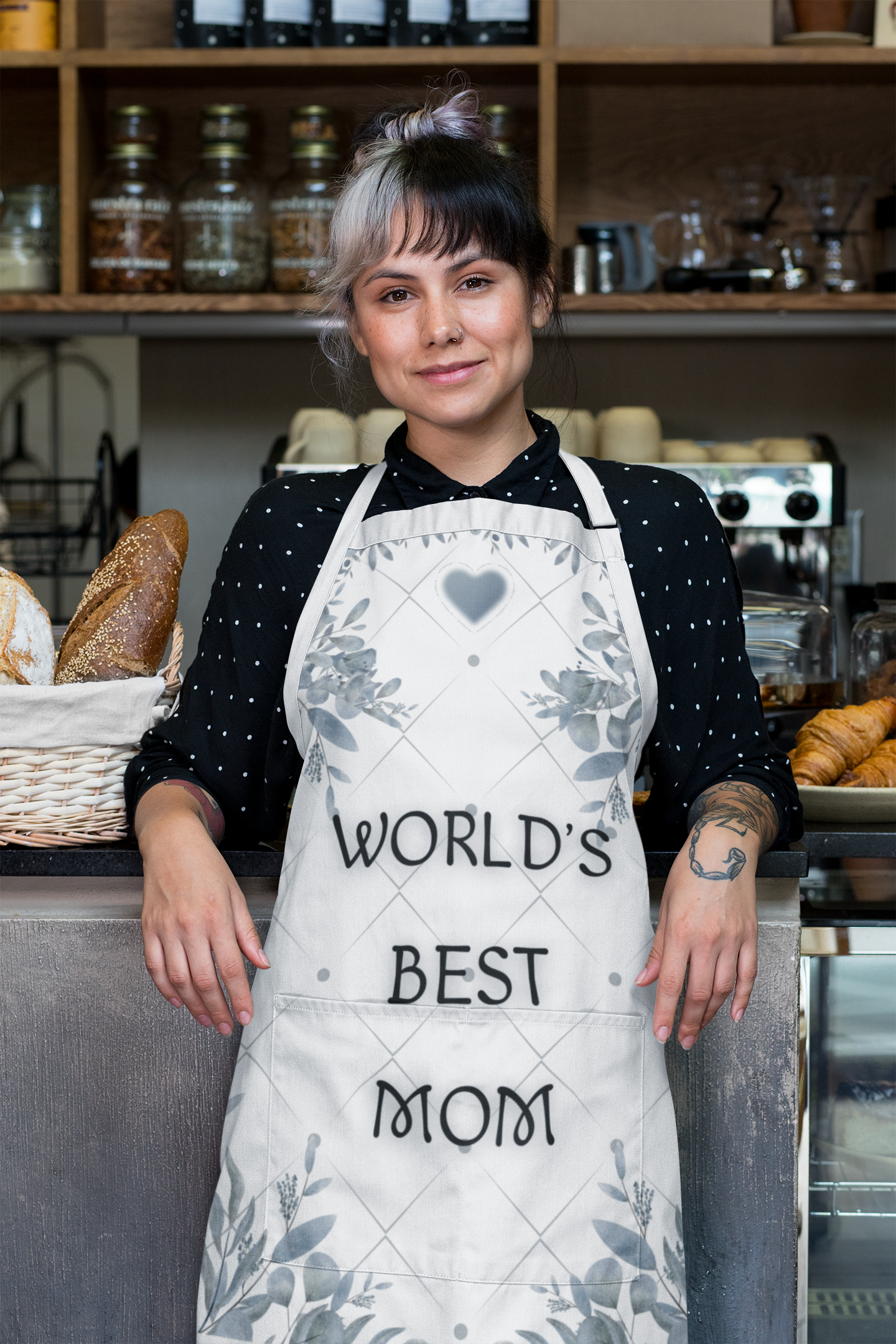 World's Best Mom Grey Floral Apron with Pockets